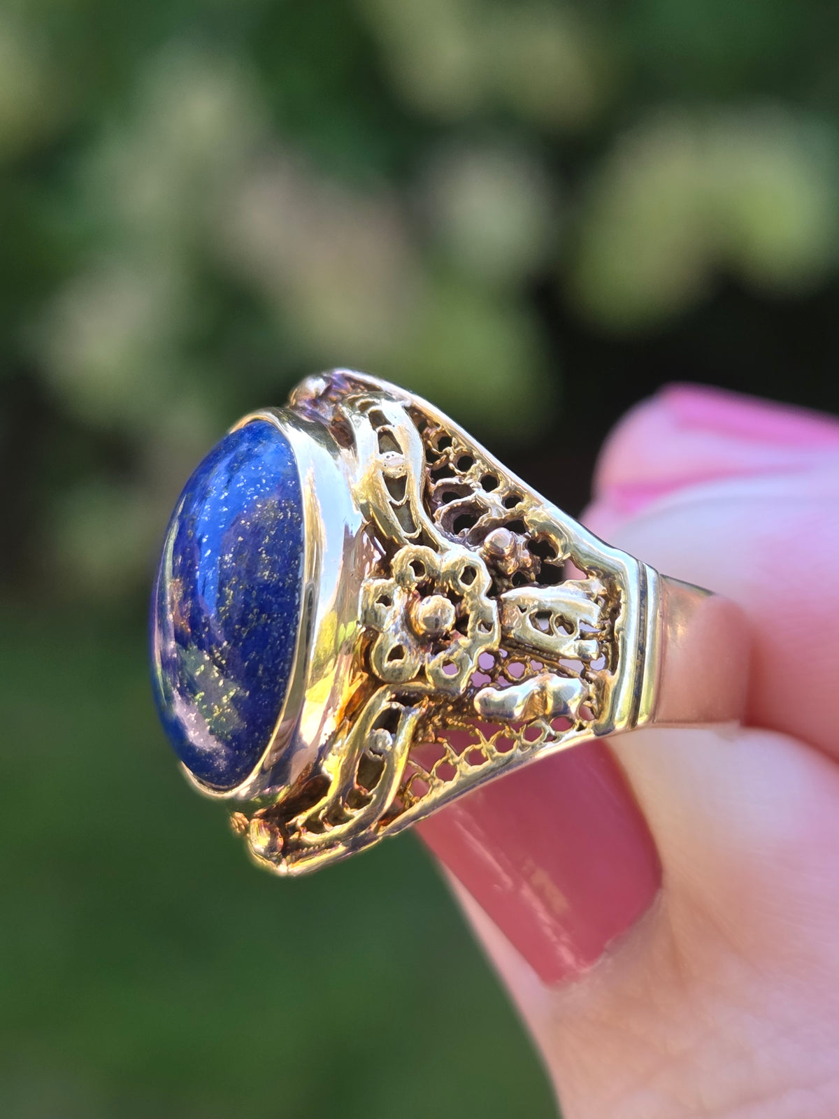 Antique Bezel Set Lapis Statement Ring in 18k Yellow Gold