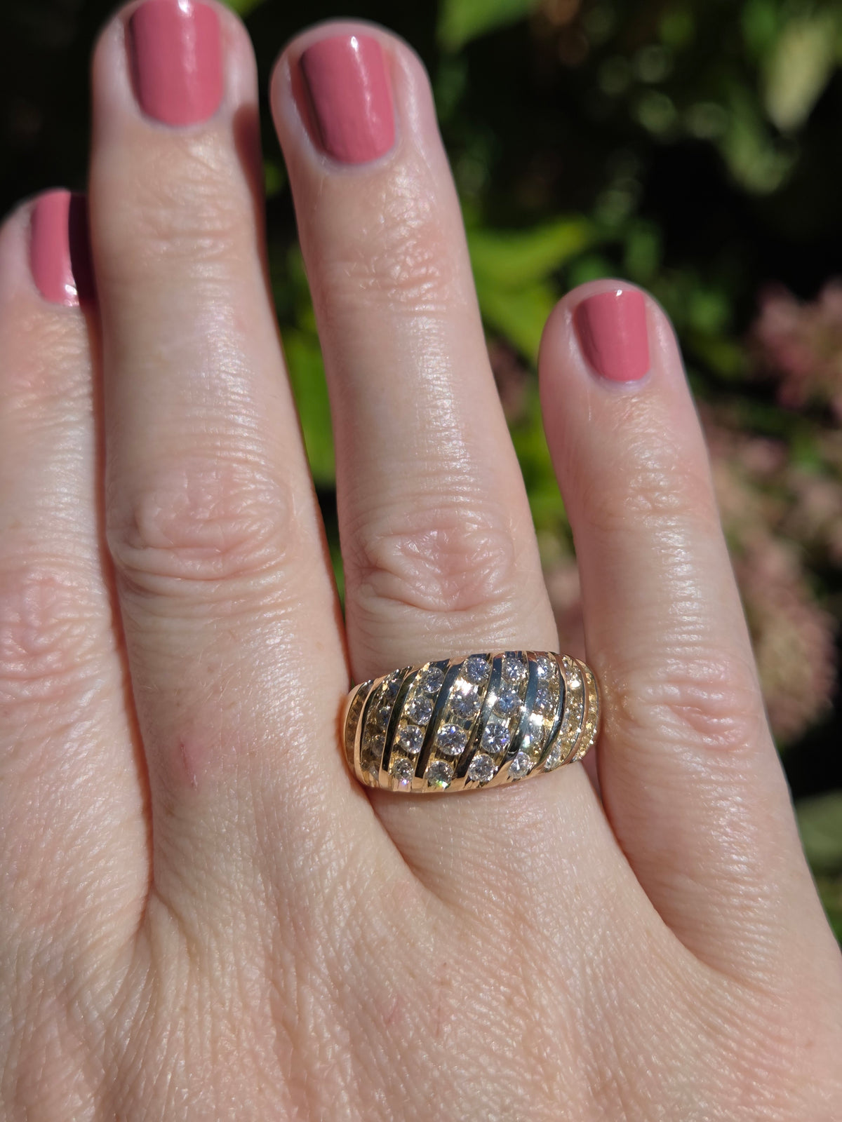 Vintage Diamond Waterfall Channel Set Dome Ring in 14k Yellow Gold