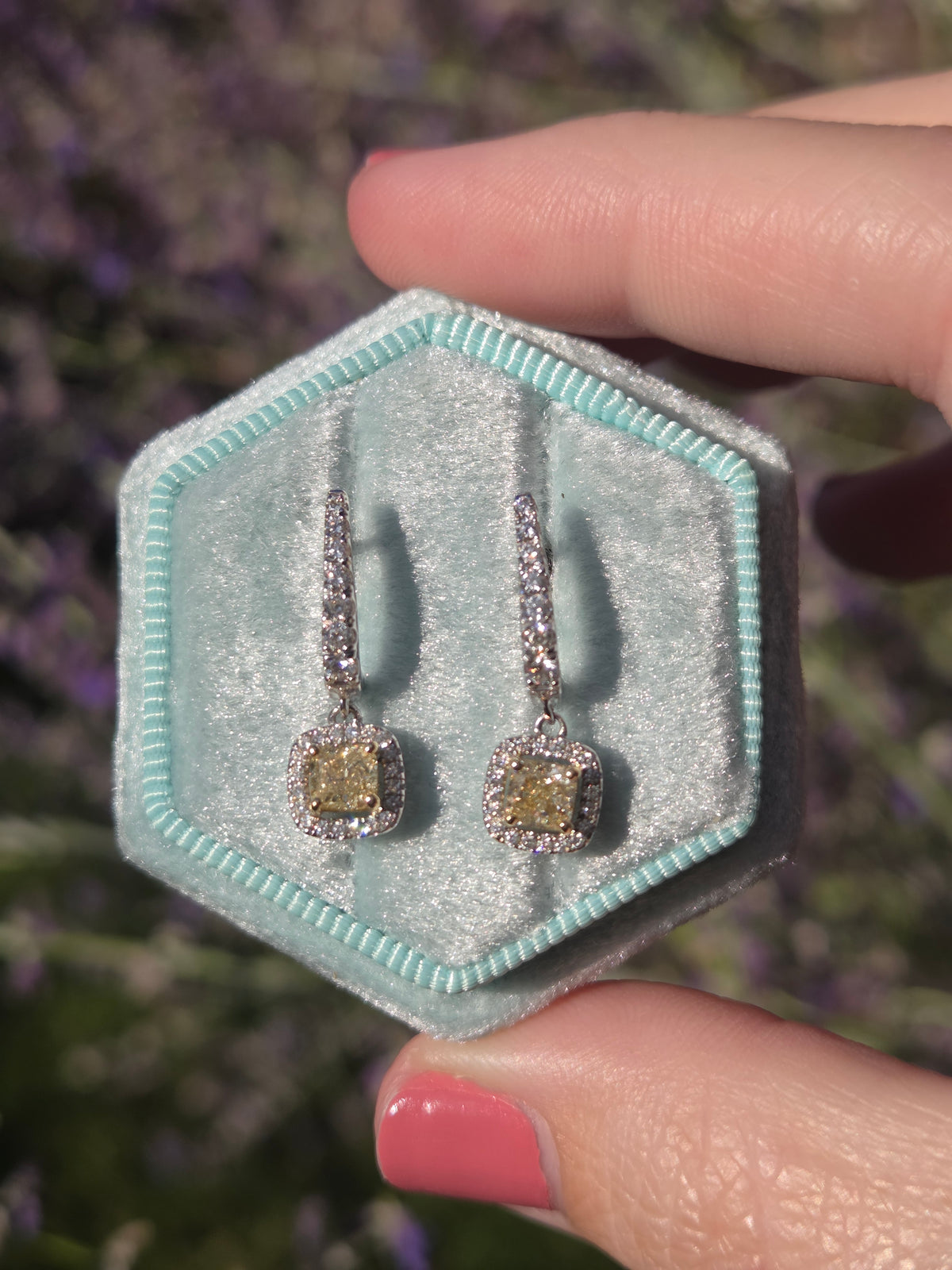 Natural Yellow Diamond Cushion Cut Dangle Halo Earrings in 18k White Gold