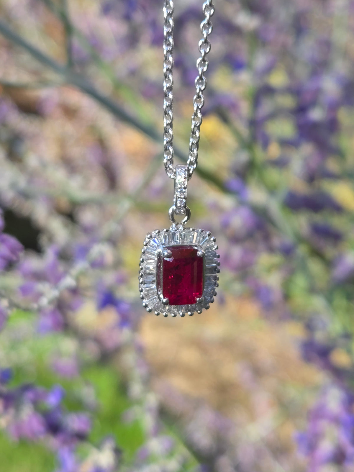 GIA Certified 1.94ct Burmese Ruby & Diamond Ballerina Pendant Necklace in 14k White Gold