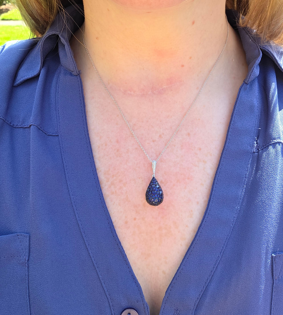 Sparkling Sapphire and Diamond Pear Drop Pendant Necklace in 14k White Gold