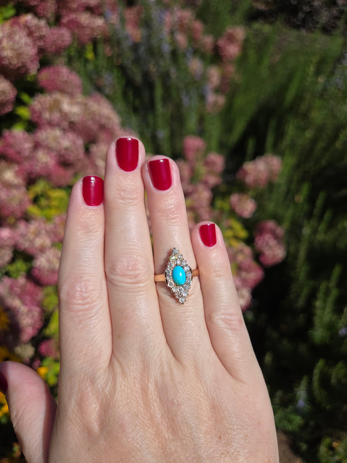 Victorian Turquoise and Old Mine Cut Diamond Navette Ring in 14k Yellow Gold