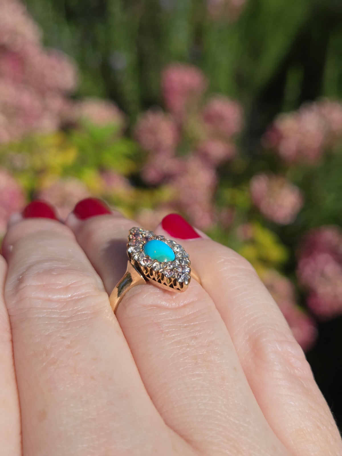 Victorian Turquoise and Old Mine Cut Diamond Navette Ring in 14k Yellow Gold