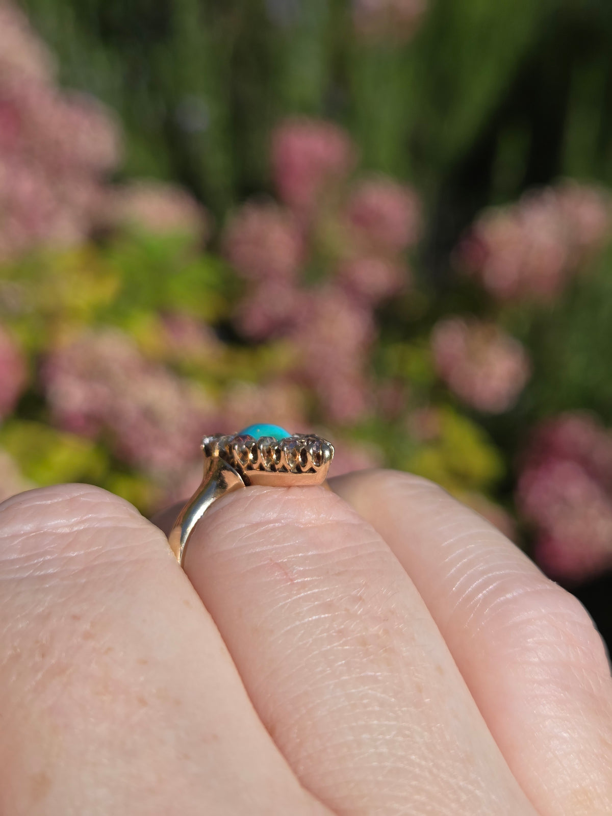 Victorian Turquoise and Old Mine Cut Diamond Navette Ring in 14k Yellow Gold