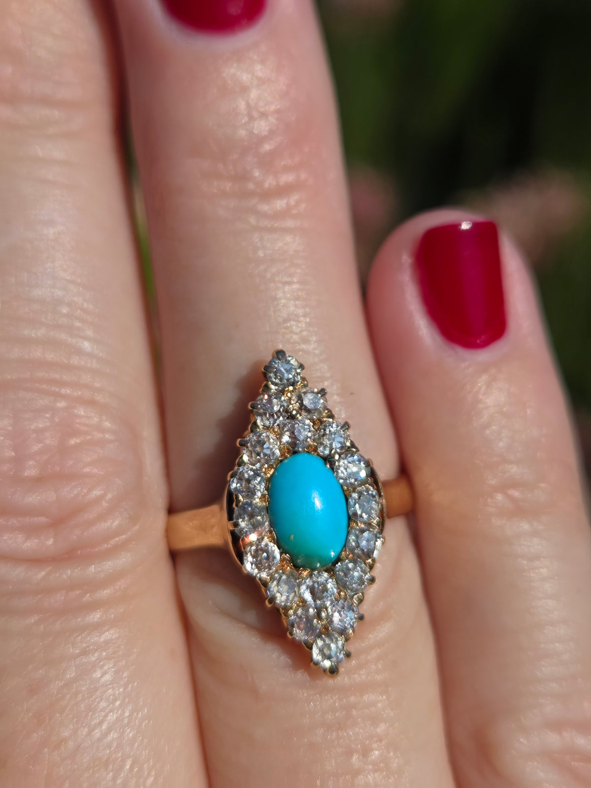 Victorian Turquoise and Old Mine Cut Diamond Navette Ring in 14k Yellow Gold