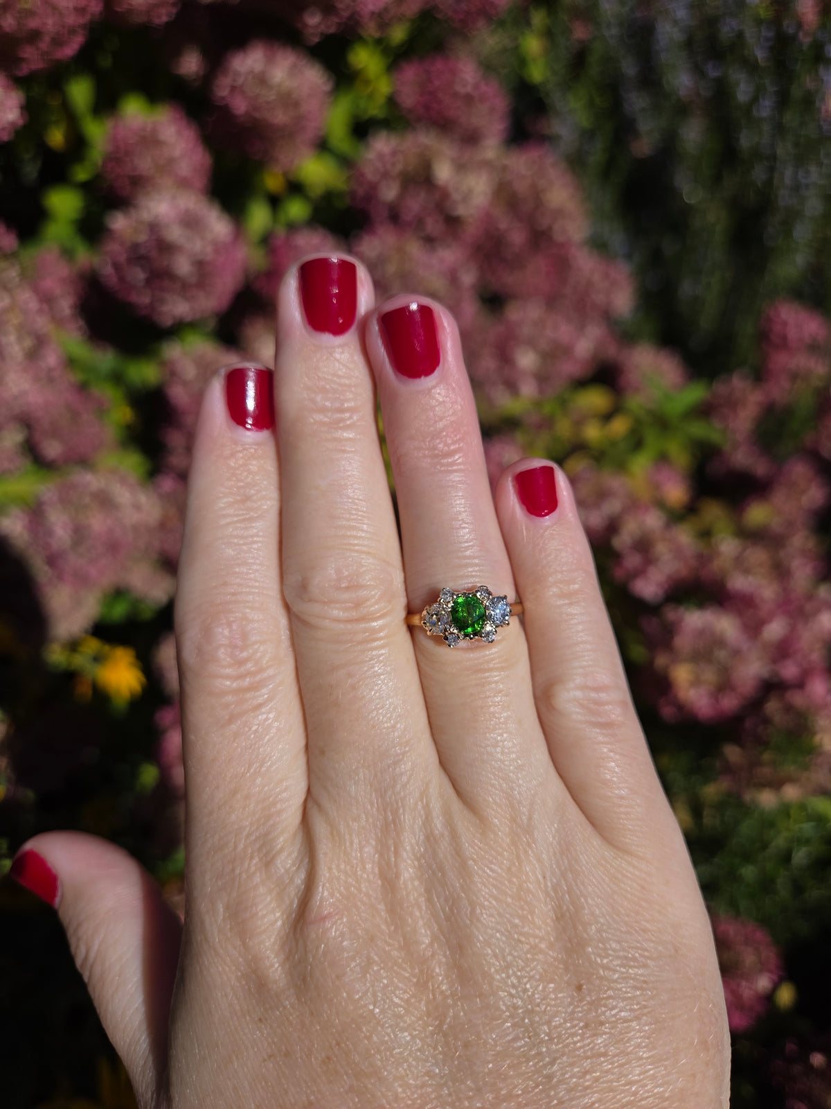 Victorian GIA Certified Russian Demantoid Garnet & Diamond Ring 14k Yellow Gold
