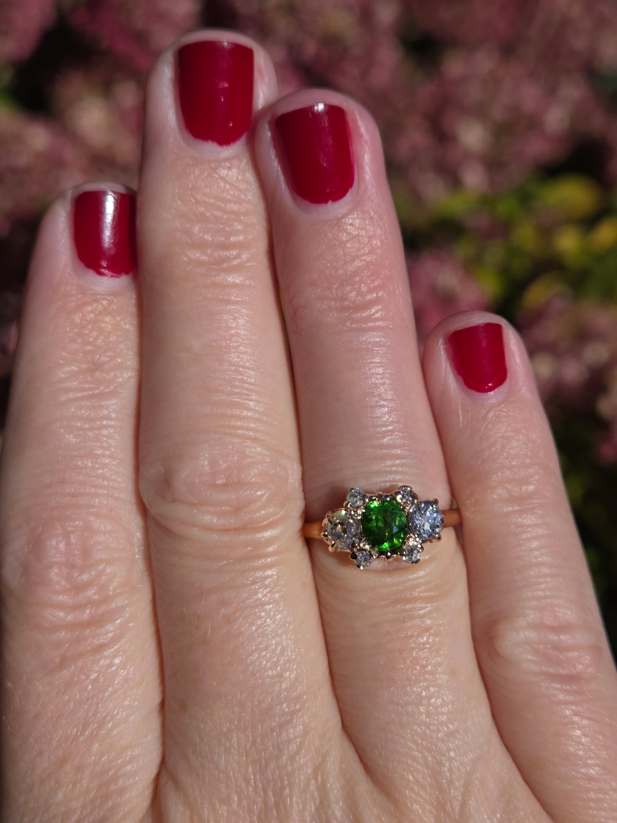 Victorian GIA Certified Russian Demantoid Garnet & Diamond Ring 14k Yellow Gold