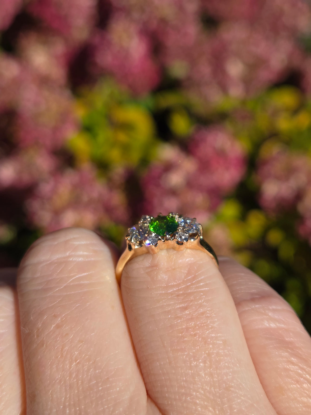 Victorian GIA Certified Russian Demantoid Garnet & Diamond Ring 14k Yellow Gold