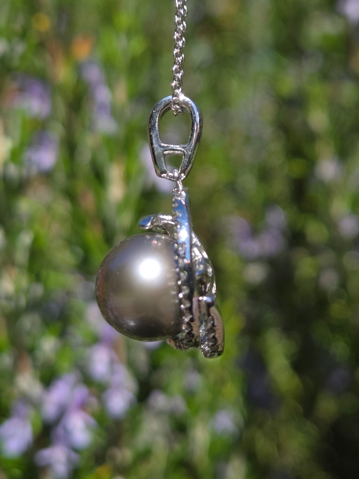 Silver South Sea Pearl and Diamond Pendant Necklace in 14k White Gold