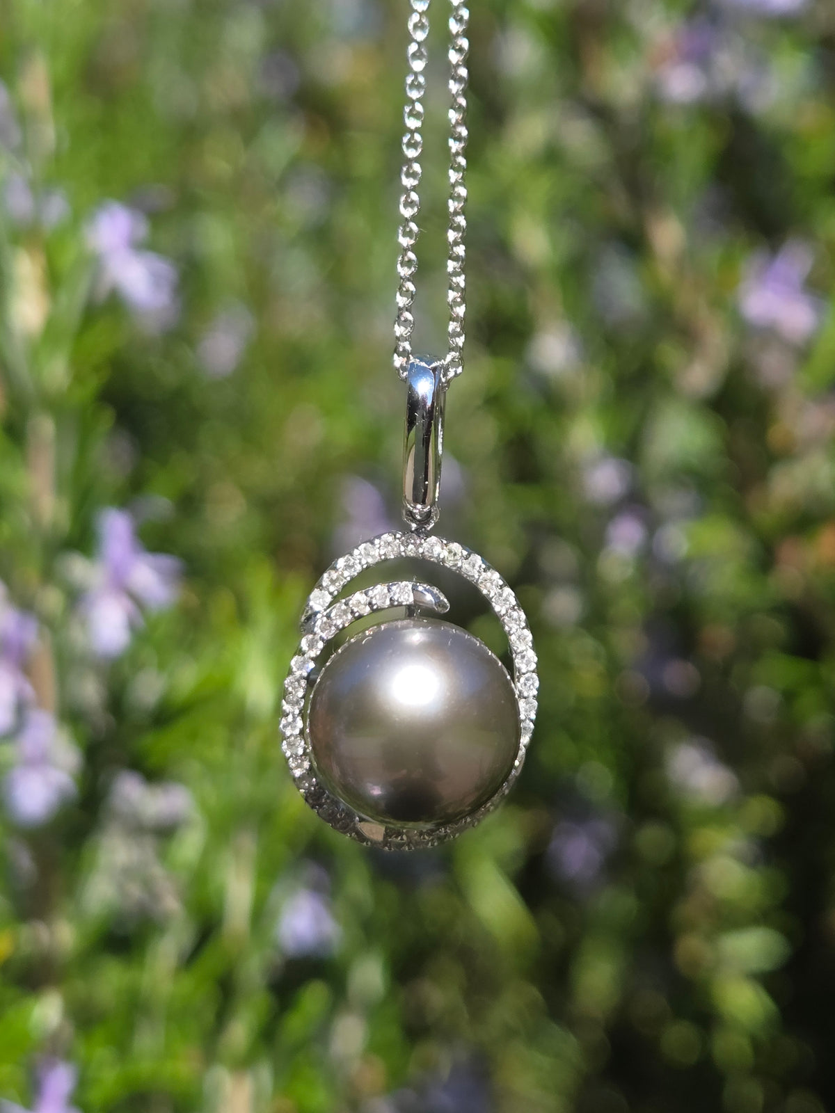 Silver South Sea Pearl and Diamond Pendant Necklace in 14k White Gold