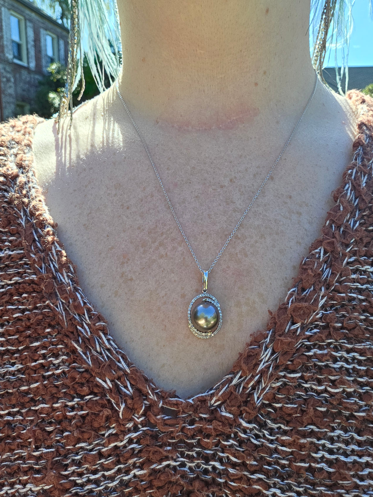 Silver South Sea Pearl and Diamond Pendant Necklace in 14k White Gold