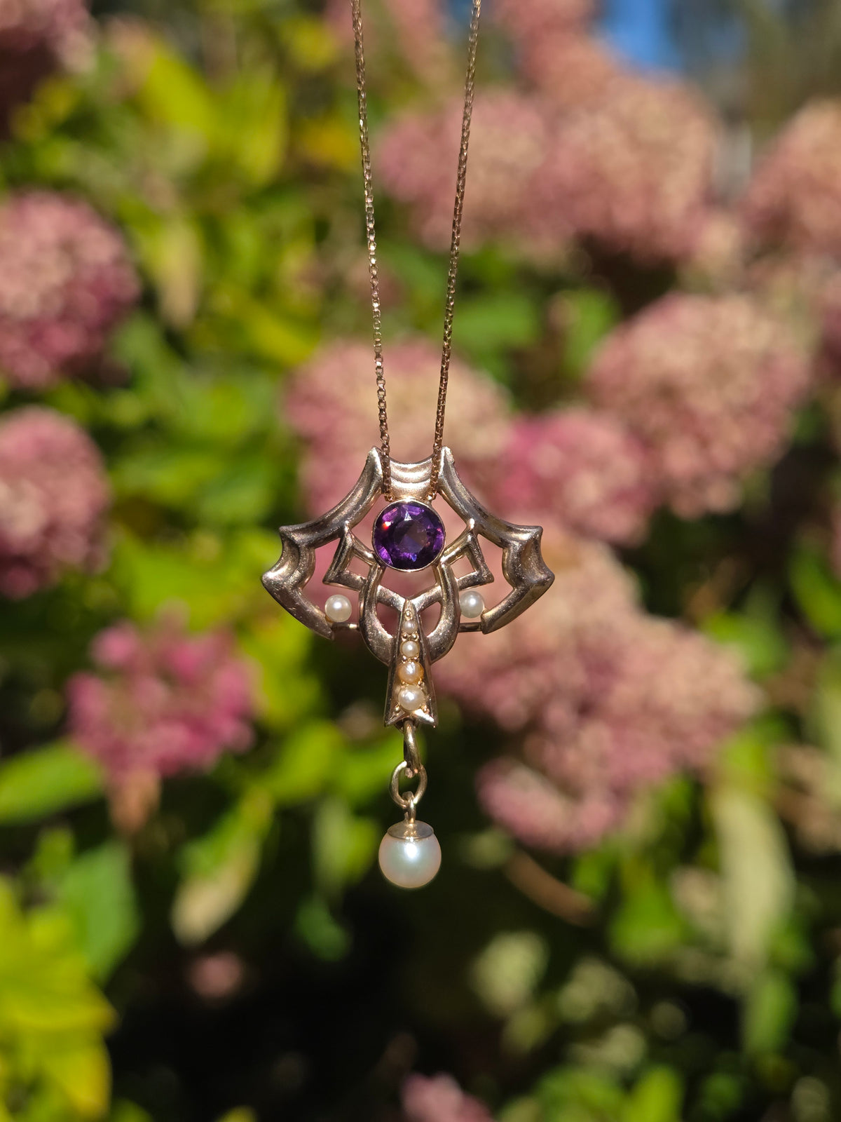 Victorian Amethyst and Pearl Drop Lavalier Necklace in 14k Yellow Gold