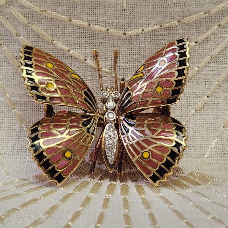 Exquisite Vintage Plique a Jour and Diamond Butterfly Brooch Pin in 14k Yellow Gold