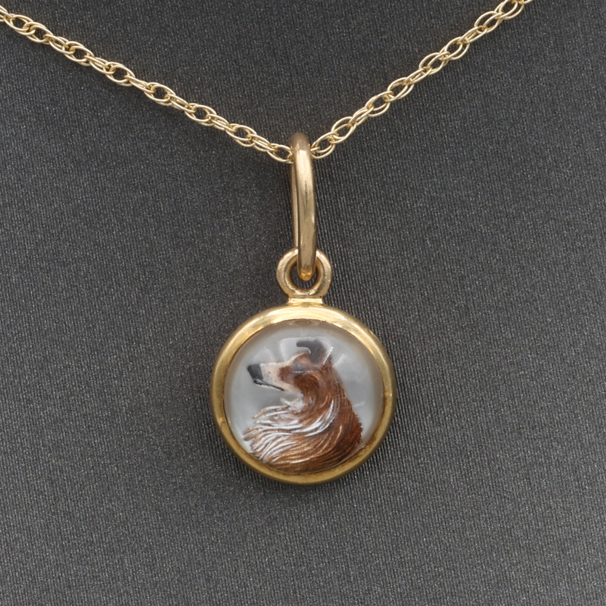 Victorian Miniature Collie Essex Crystal Pendant in 14k Yellow Gold