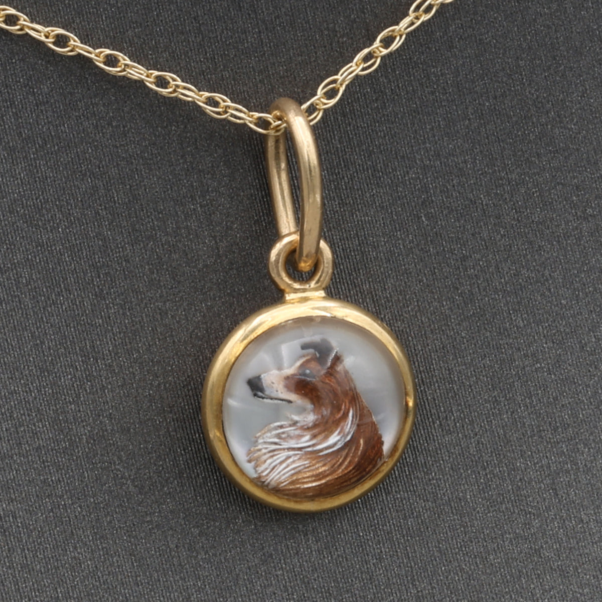 Victorian Miniature Collie Essex Crystal Pendant in 14k Yellow Gold