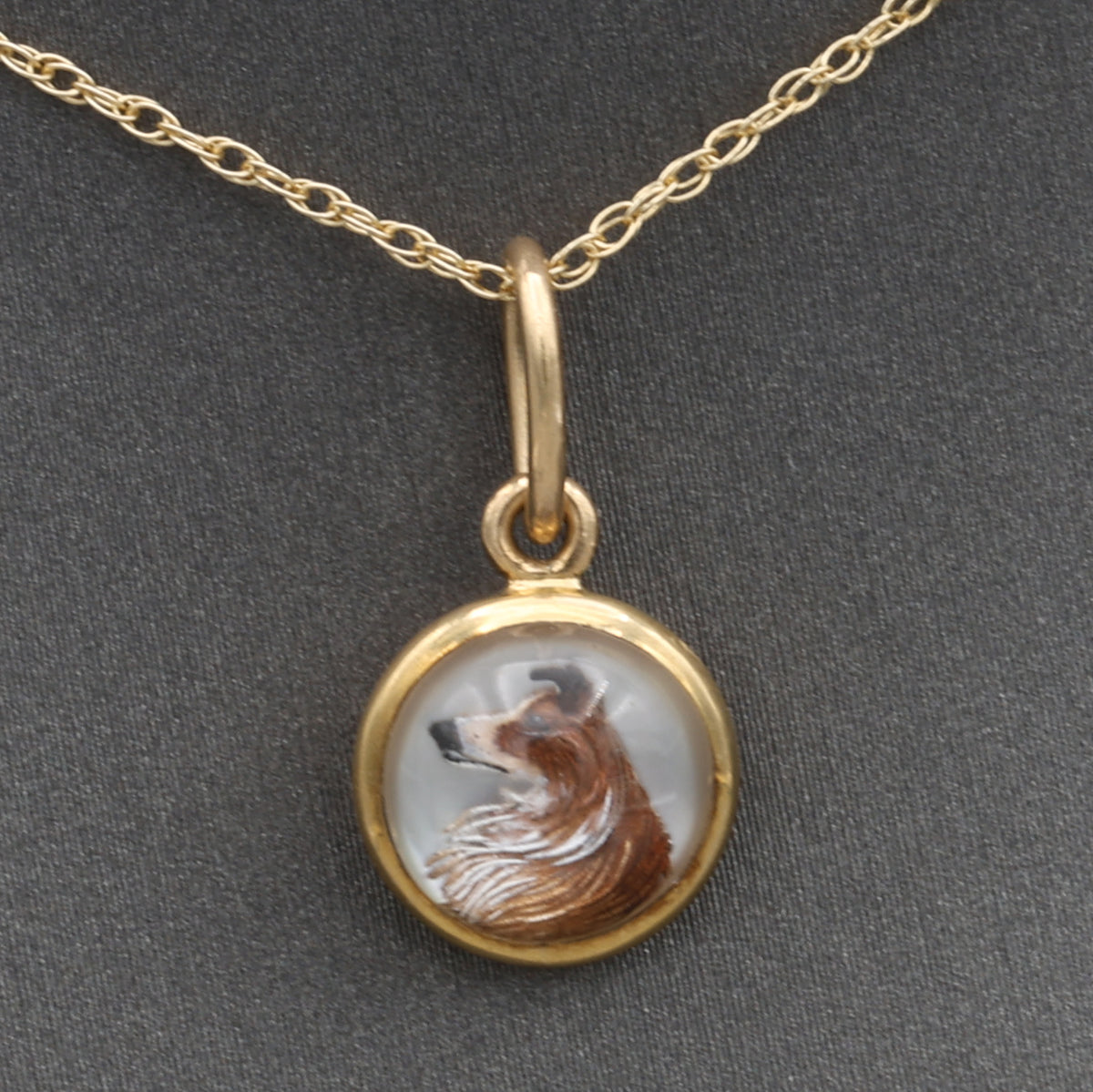 Victorian Miniature Collie Essex Crystal Pendant in 14k Yellow Gold