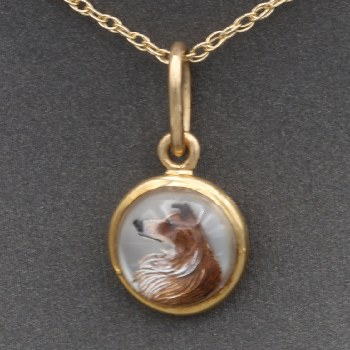 Victorian Miniature Collie Essex Crystal Pendant in 14k Yellow Gold