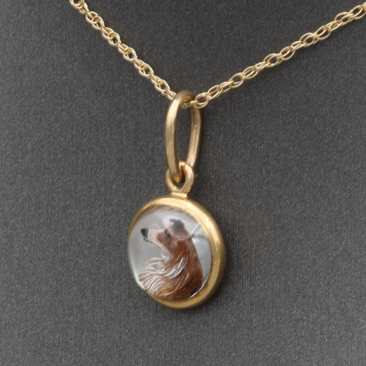 Victorian Miniature Collie Essex Crystal Pendant in 14k Yellow Gold