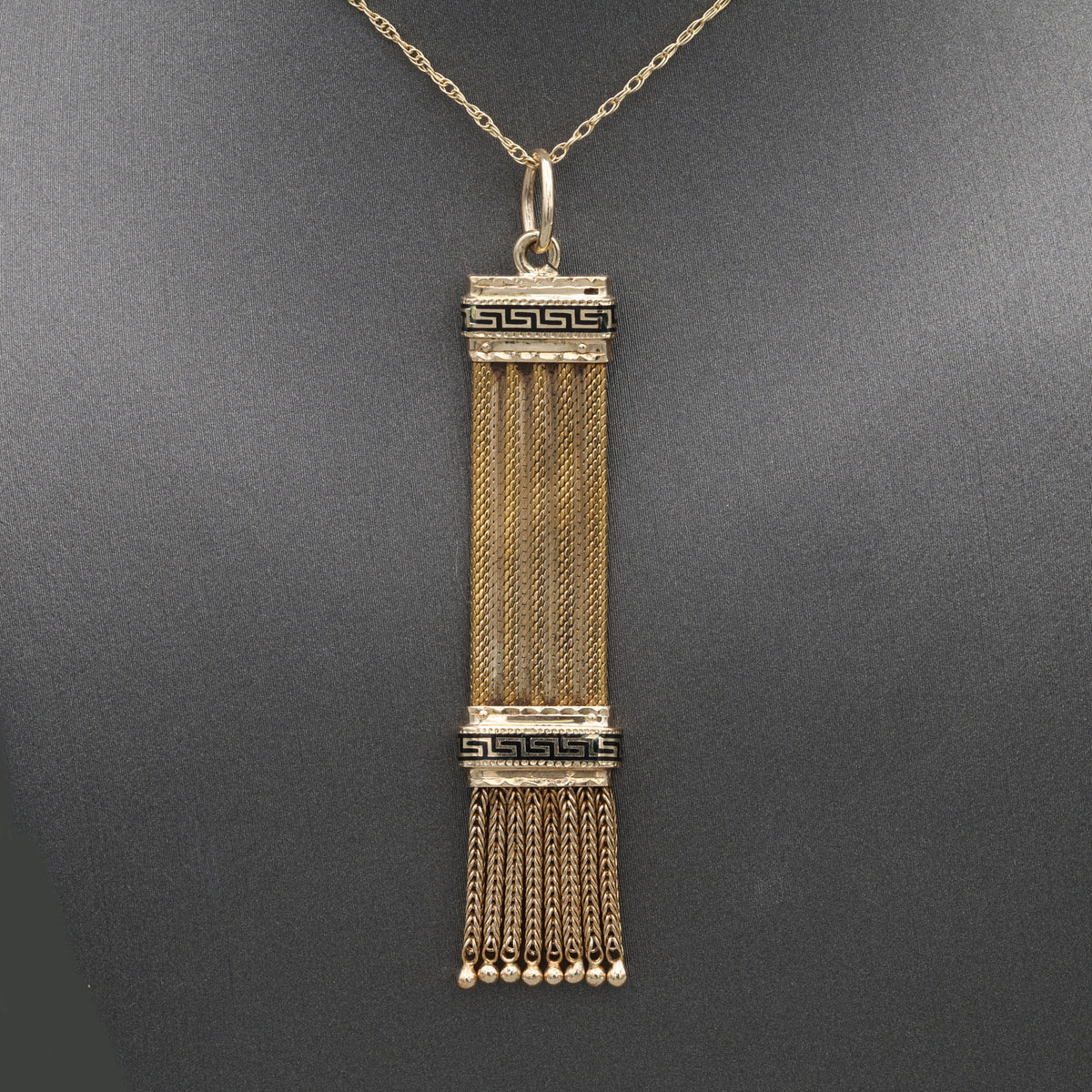 Antique Victorian Black Enamel Fringe Tassel Pendant in 14k Yellow Gold