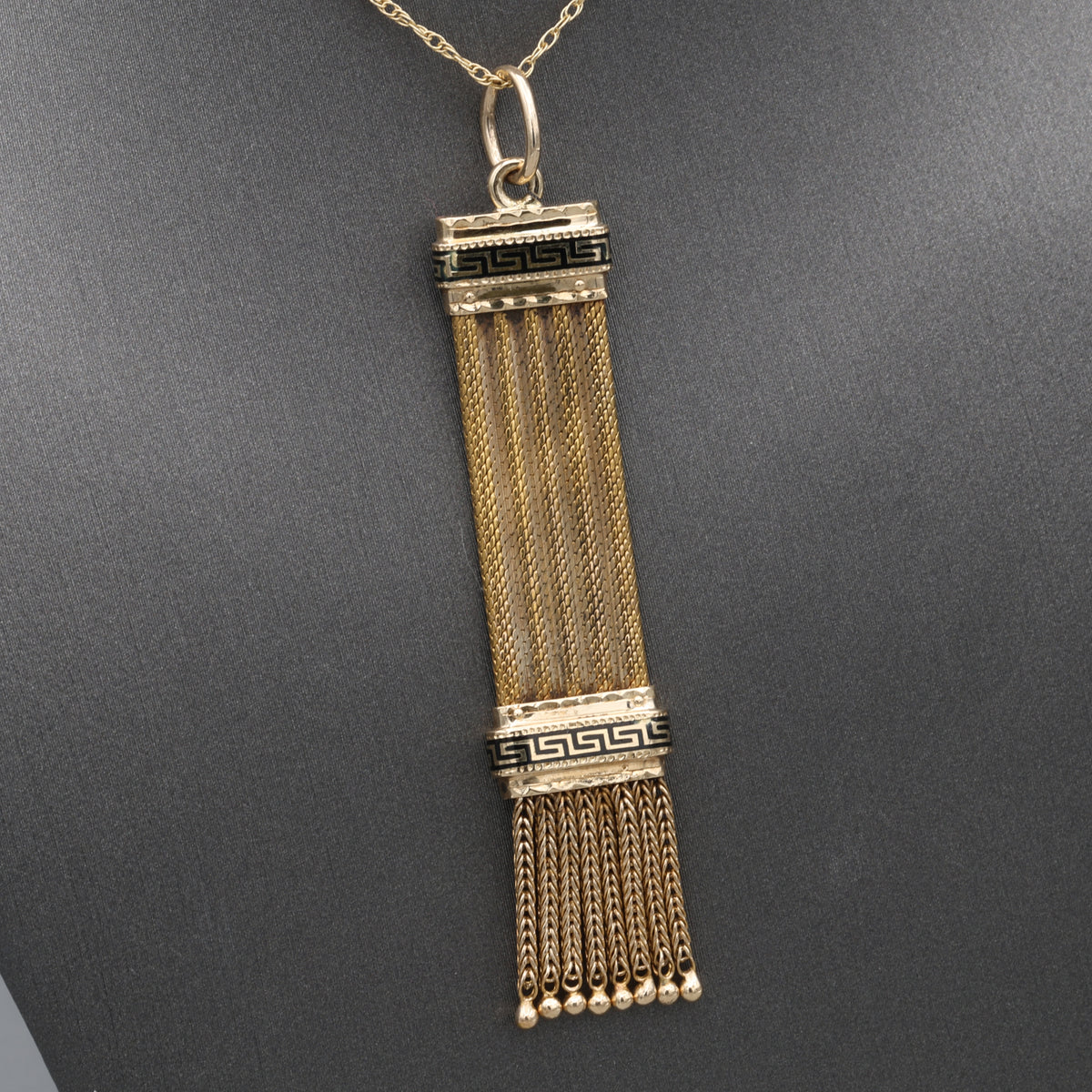 Antique Victorian Black Enamel Fringe Tassel Pendant in 14k Yellow Gold
