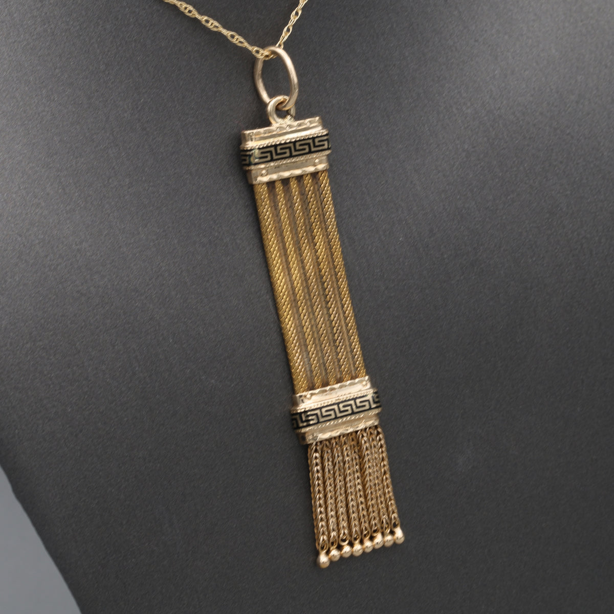 Antique Victorian Black Enamel Fringe Tassel Pendant in 14k Yellow Gold