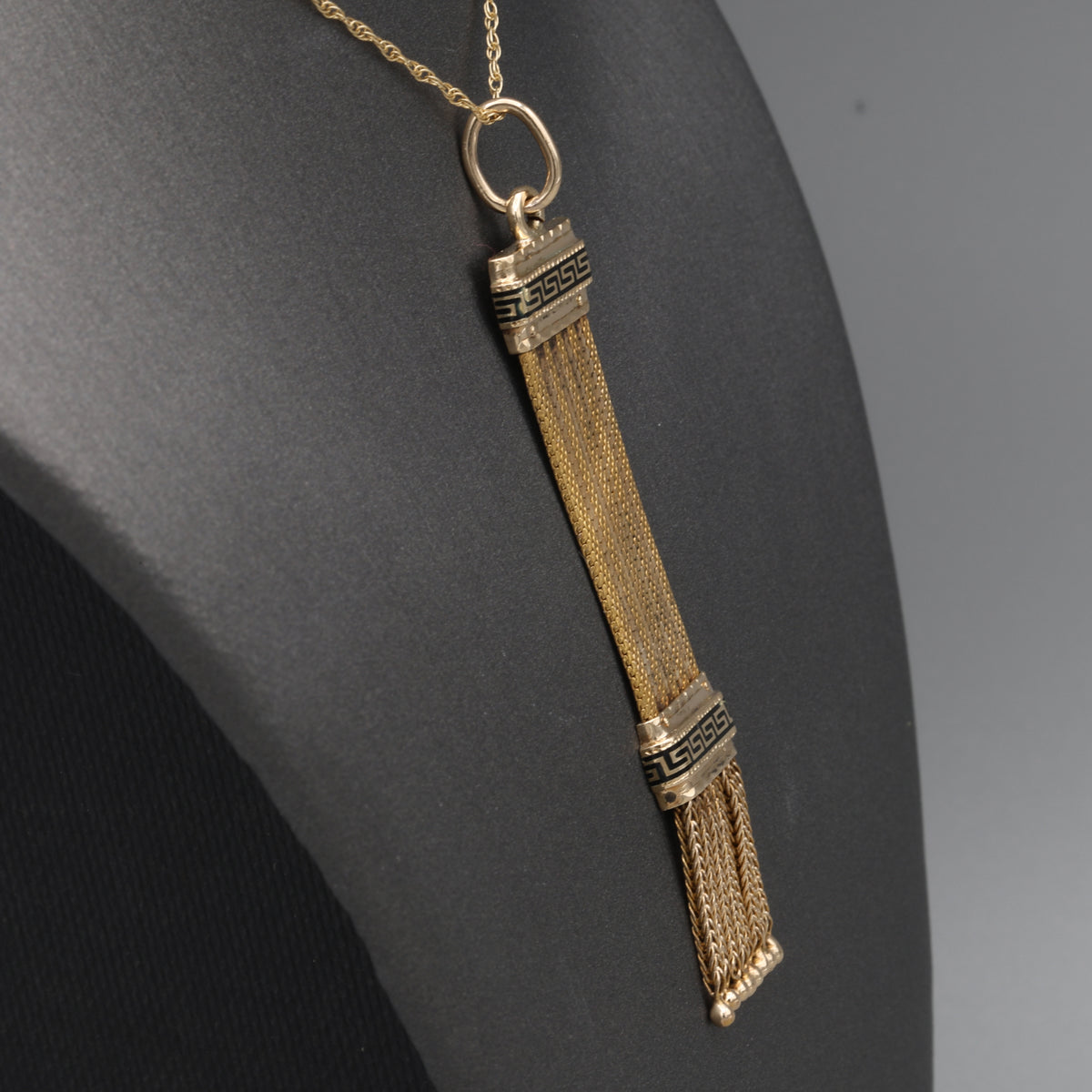 Antique Victorian Black Enamel Fringe Tassel Pendant in 14k Yellow Gold