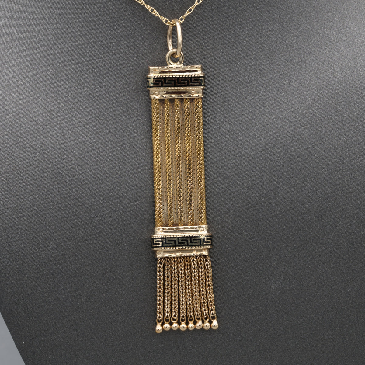 Antique Victorian Black Enamel Fringe Tassel Pendant in 14k Yellow Gold