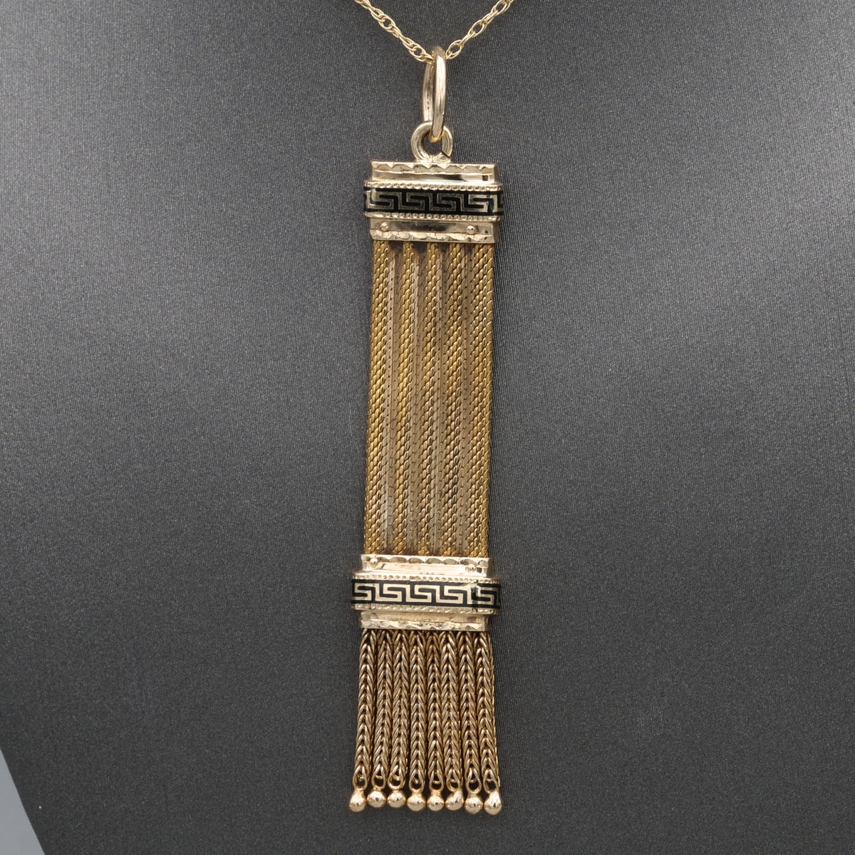 Antique Victorian Black Enamel Fringe Tassel Pendant in 14k Yellow Gold