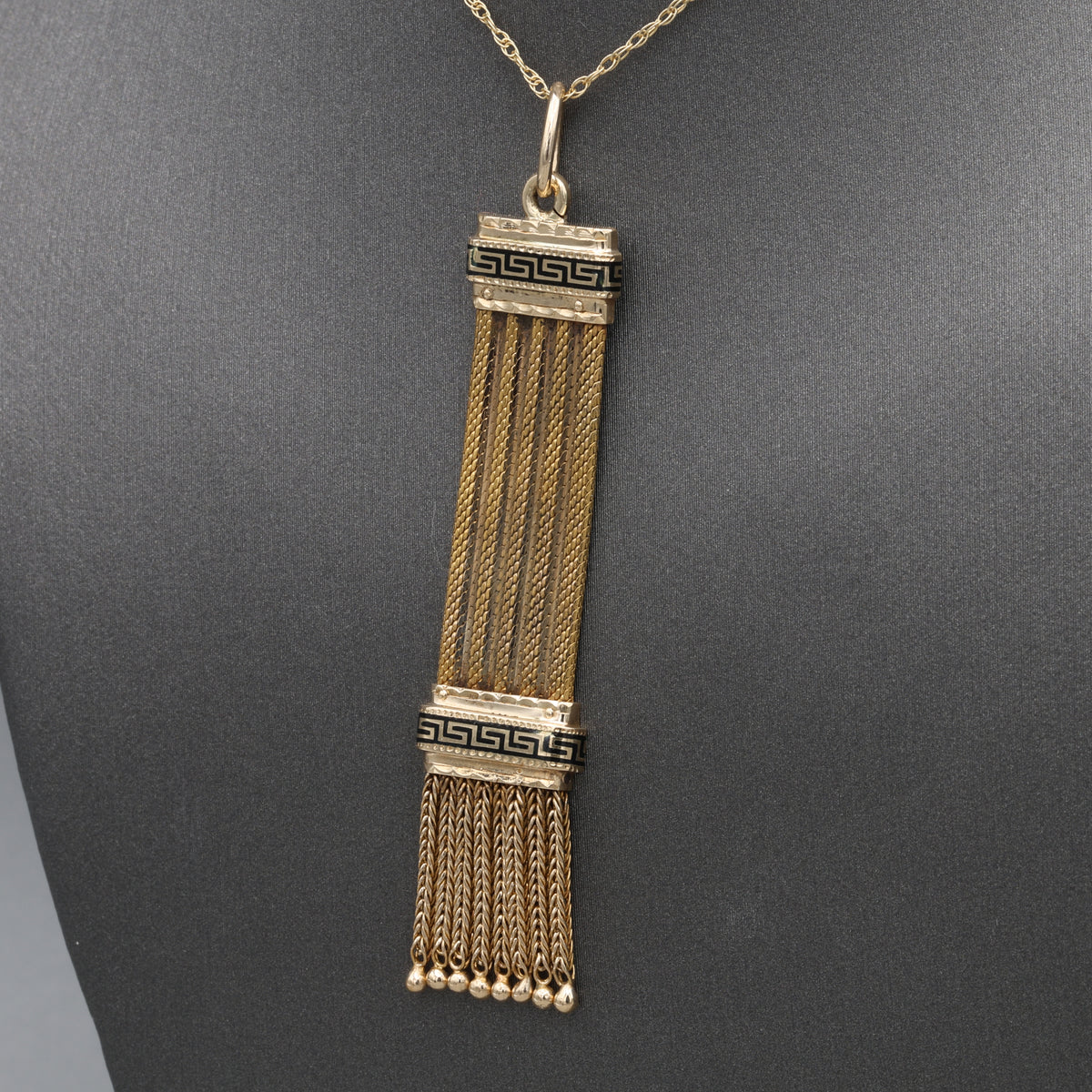 Antique Victorian Black Enamel Fringe Tassel Pendant in 14k Yellow Gold