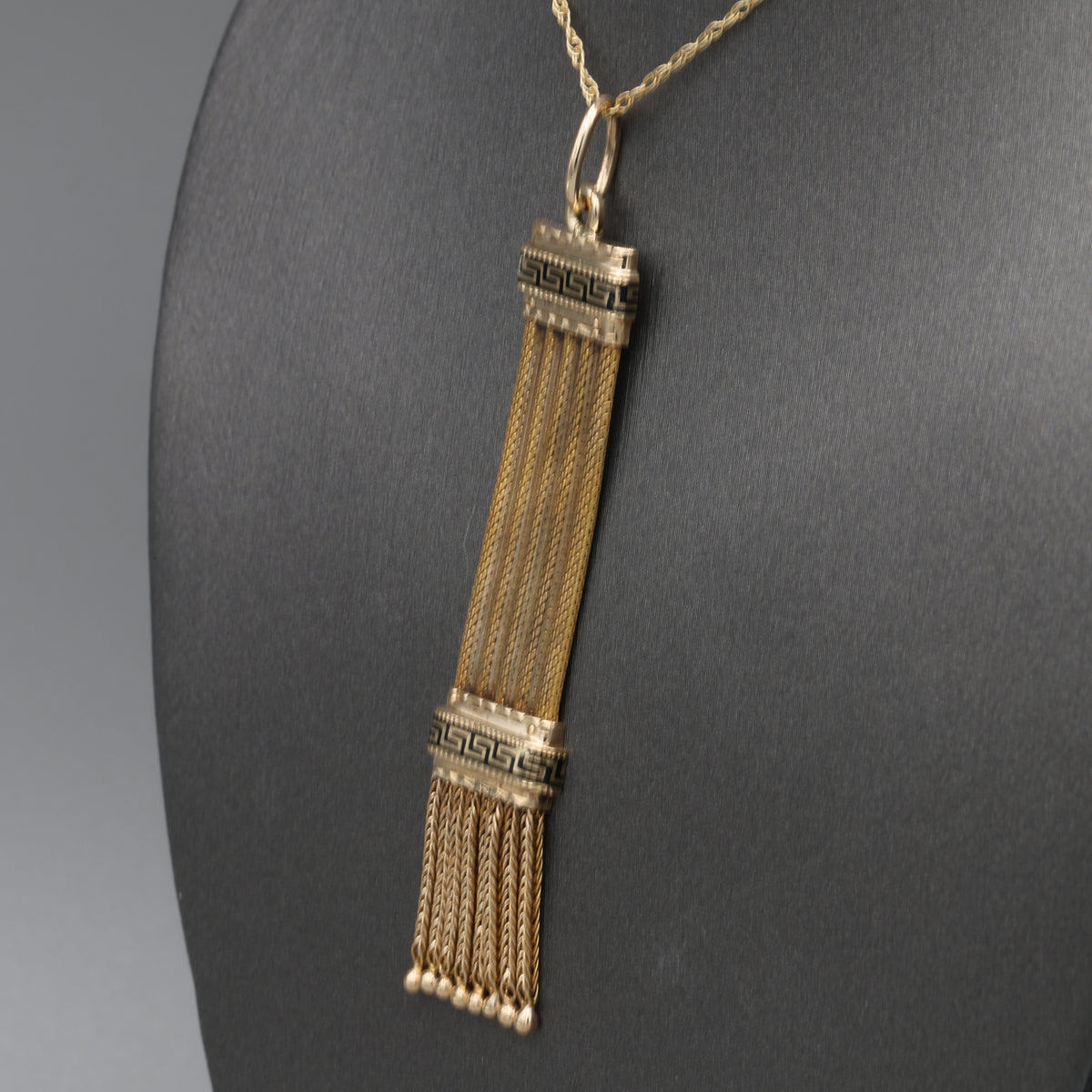 Antique Victorian Black Enamel Fringe Tassel Pendant in 14k Yellow Gold