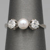 Edwardian Pearl and Old Mine Cut Diamond Three Stone Ring in Platinum