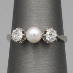 Edwardian Pearl and Old Mine Cut Diamond Three Stone Ring in Platinum