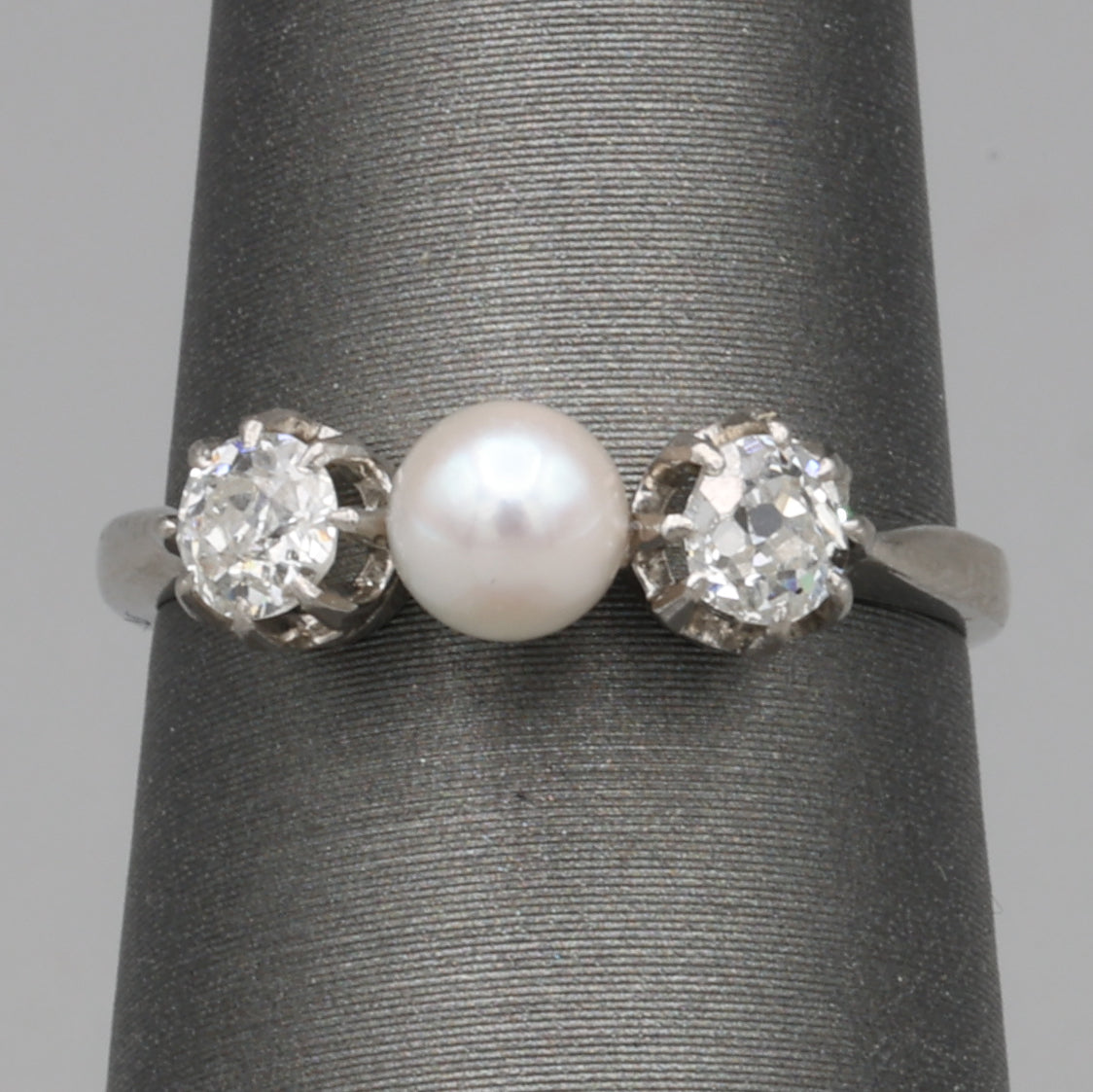 Edwardian Pearl and Old Mine Cut Diamond Three Stone Ring in Platinum