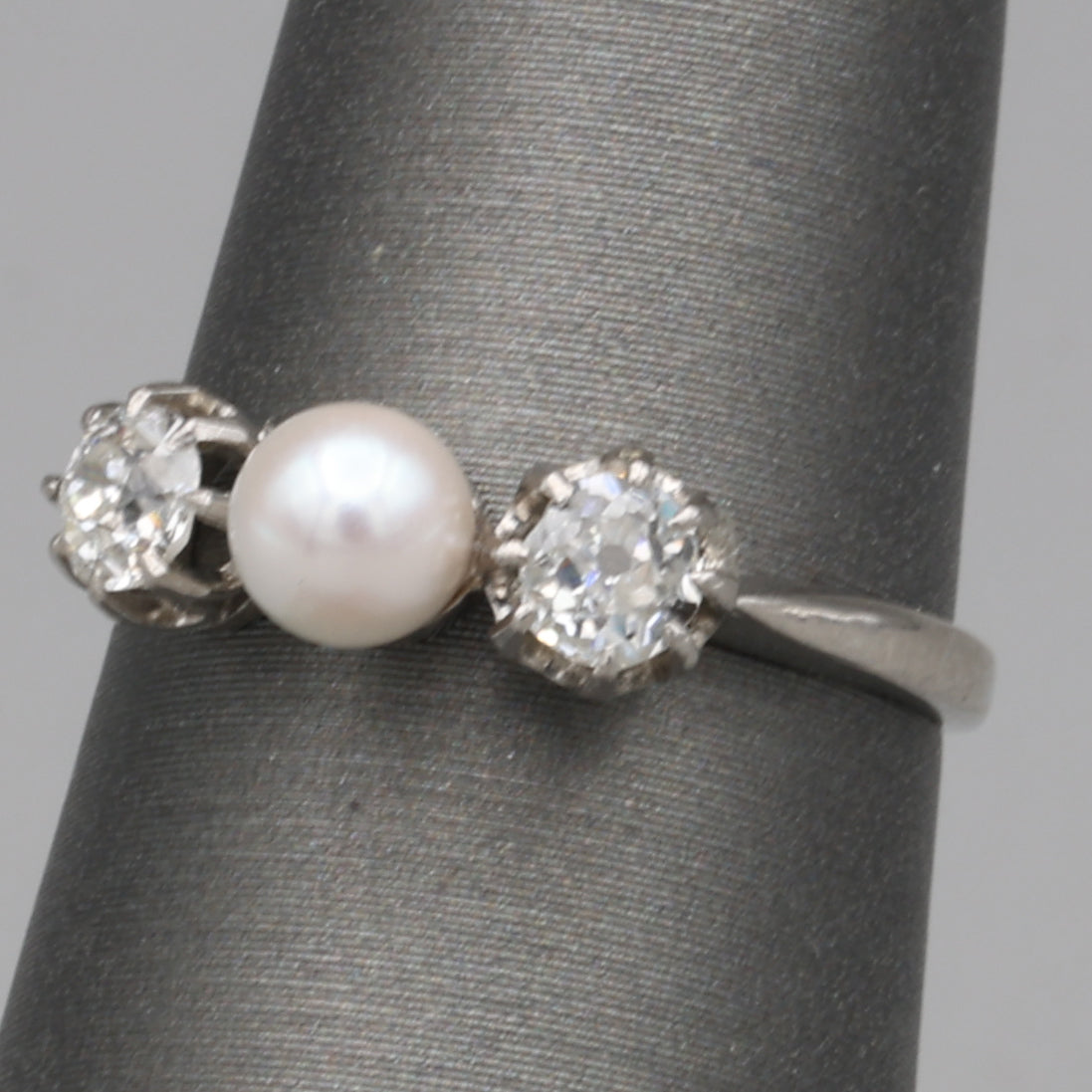 Edwardian Pearl and Old Mine Cut Diamond Three Stone Ring in Platinum