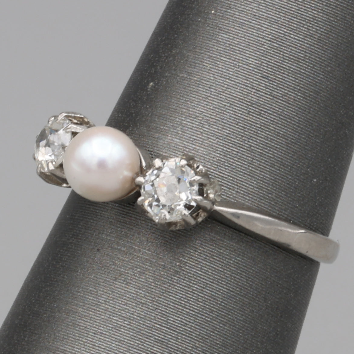 Edwardian Pearl and Old Mine Cut Diamond Three Stone Ring in Platinum