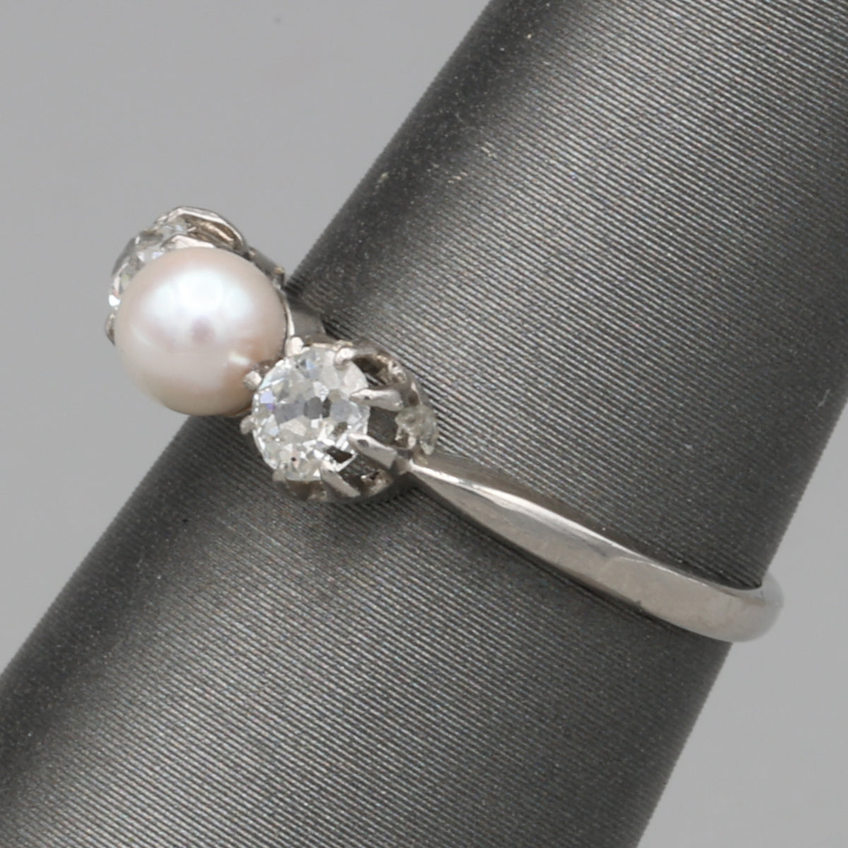 Edwardian Pearl and Old Mine Cut Diamond Three Stone Ring in Platinum