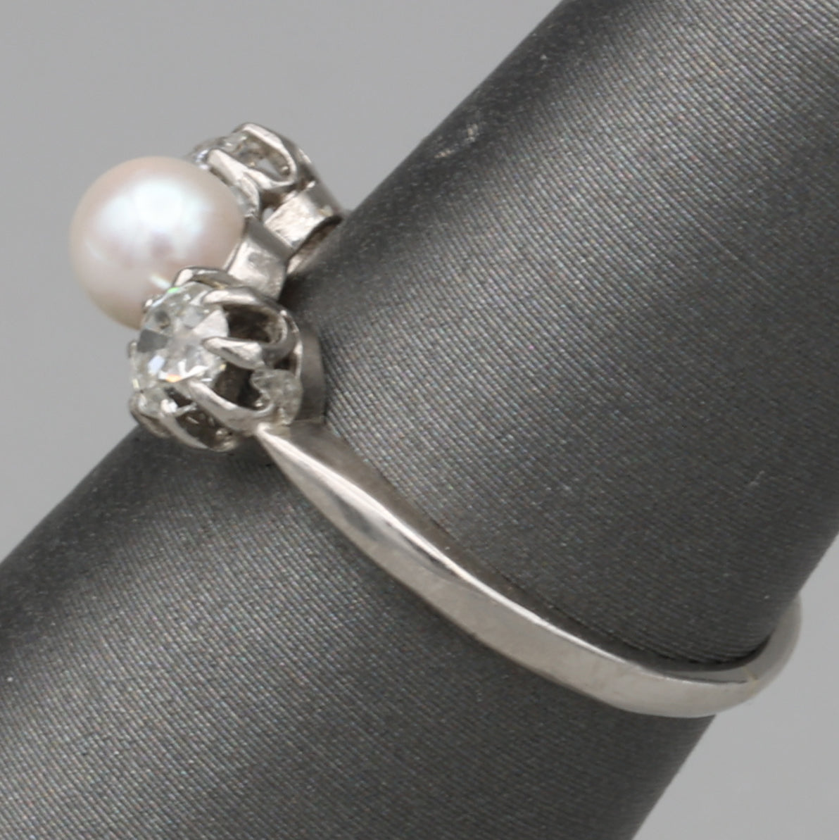 Edwardian Pearl and Old Mine Cut Diamond Three Stone Ring in Platinum