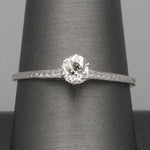 Art Deco Old Mine Cut Solitaire Ring with Engraved Shoulders in 14k White Gold