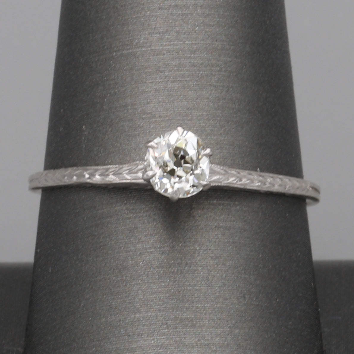Art Deco Old Mine Cut Solitaire Ring with Engraved Shoulders in 14k White Gold