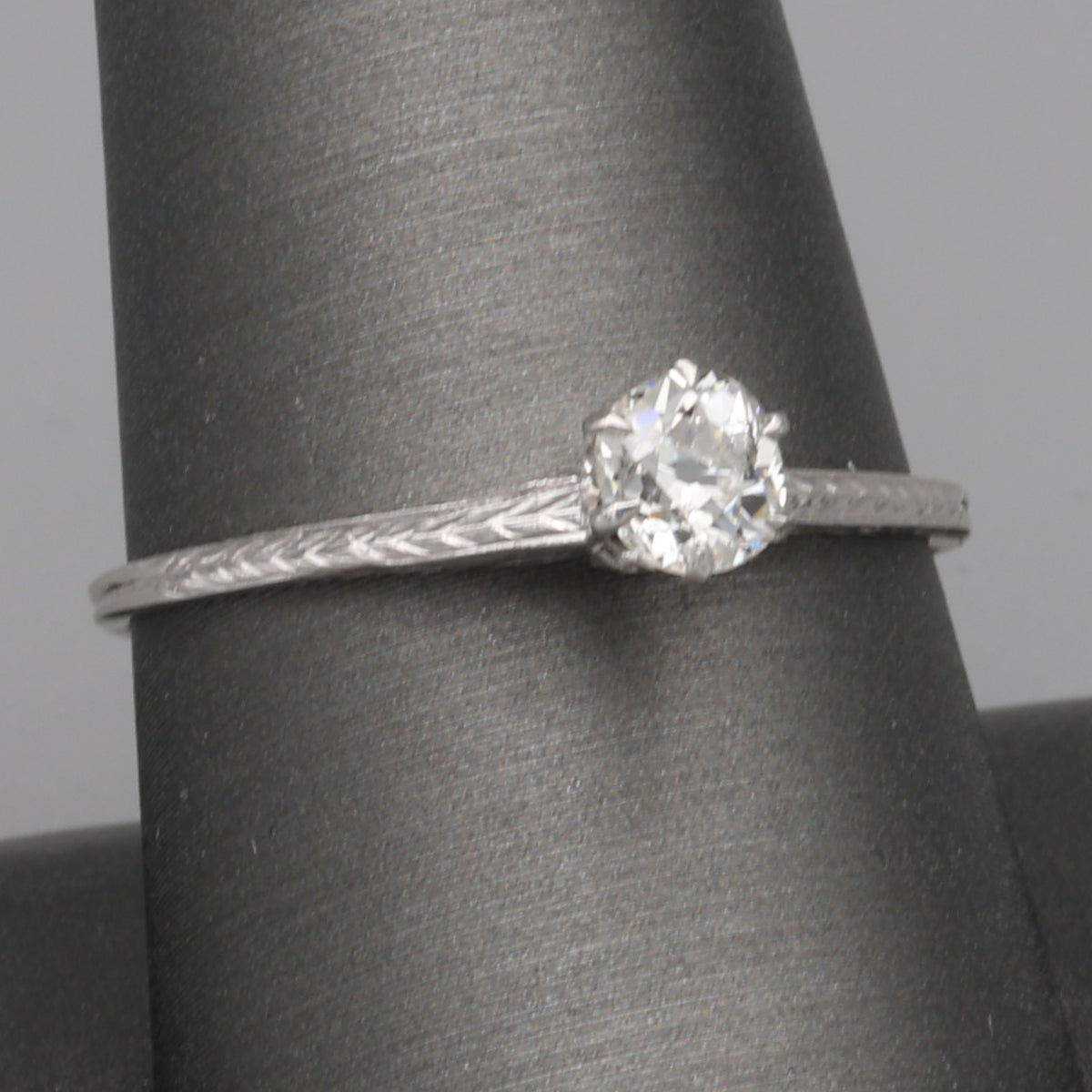 Art Deco Old Mine Cut Solitaire Ring with Engraved Shoulders in 14k White Gold