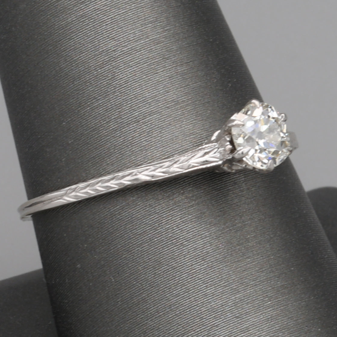 Art Deco Old Mine Cut Solitaire Ring with Engraved Shoulders in 14k White Gold