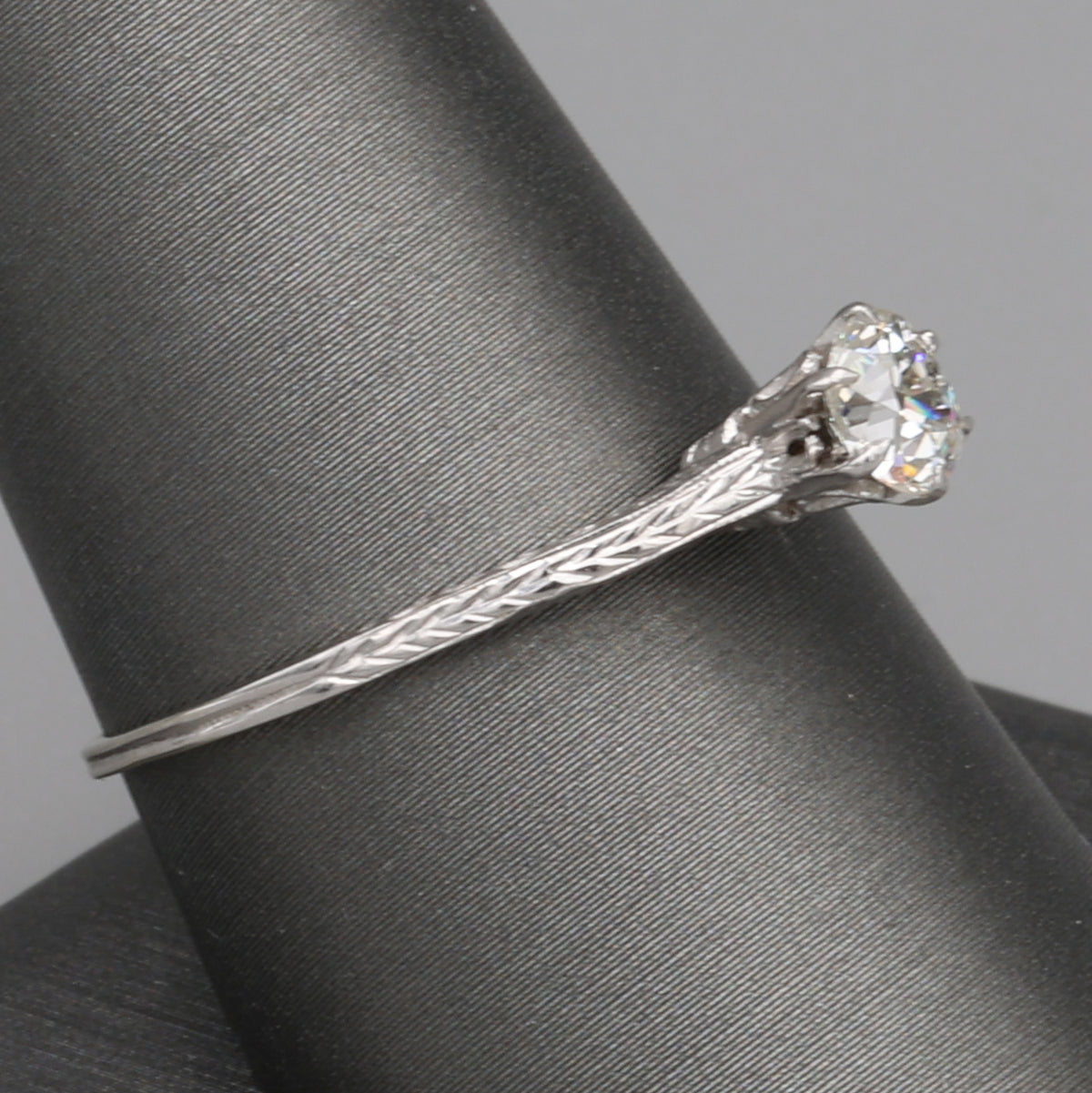 Art Deco Old Mine Cut Solitaire Ring with Engraved Shoulders in 14k White Gold