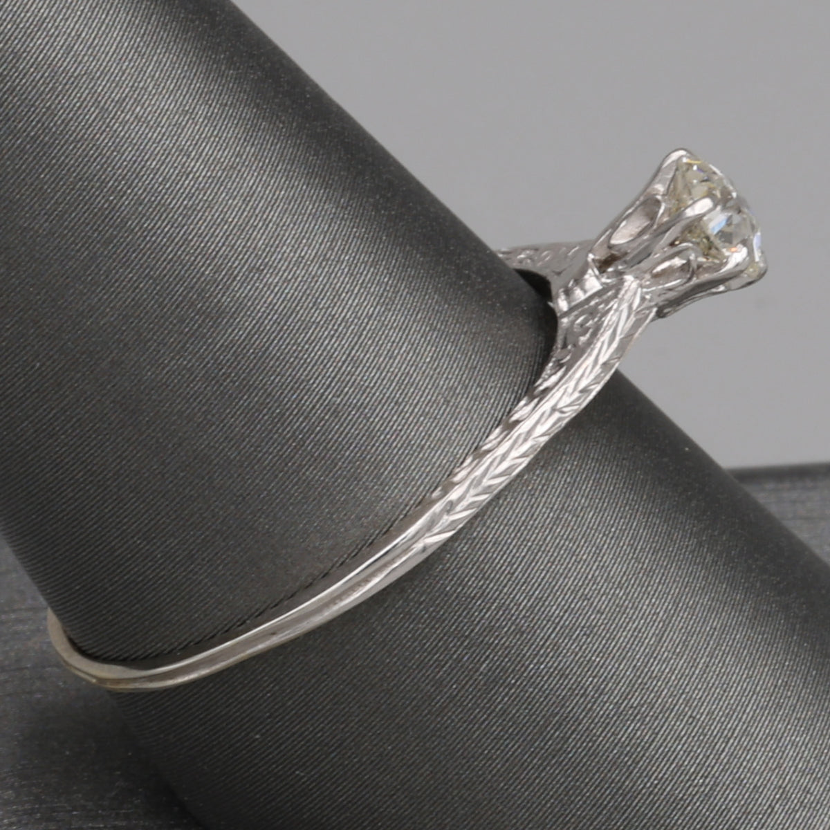 Art Deco Old Mine Cut Solitaire Ring with Engraved Shoulders in 14k White Gold