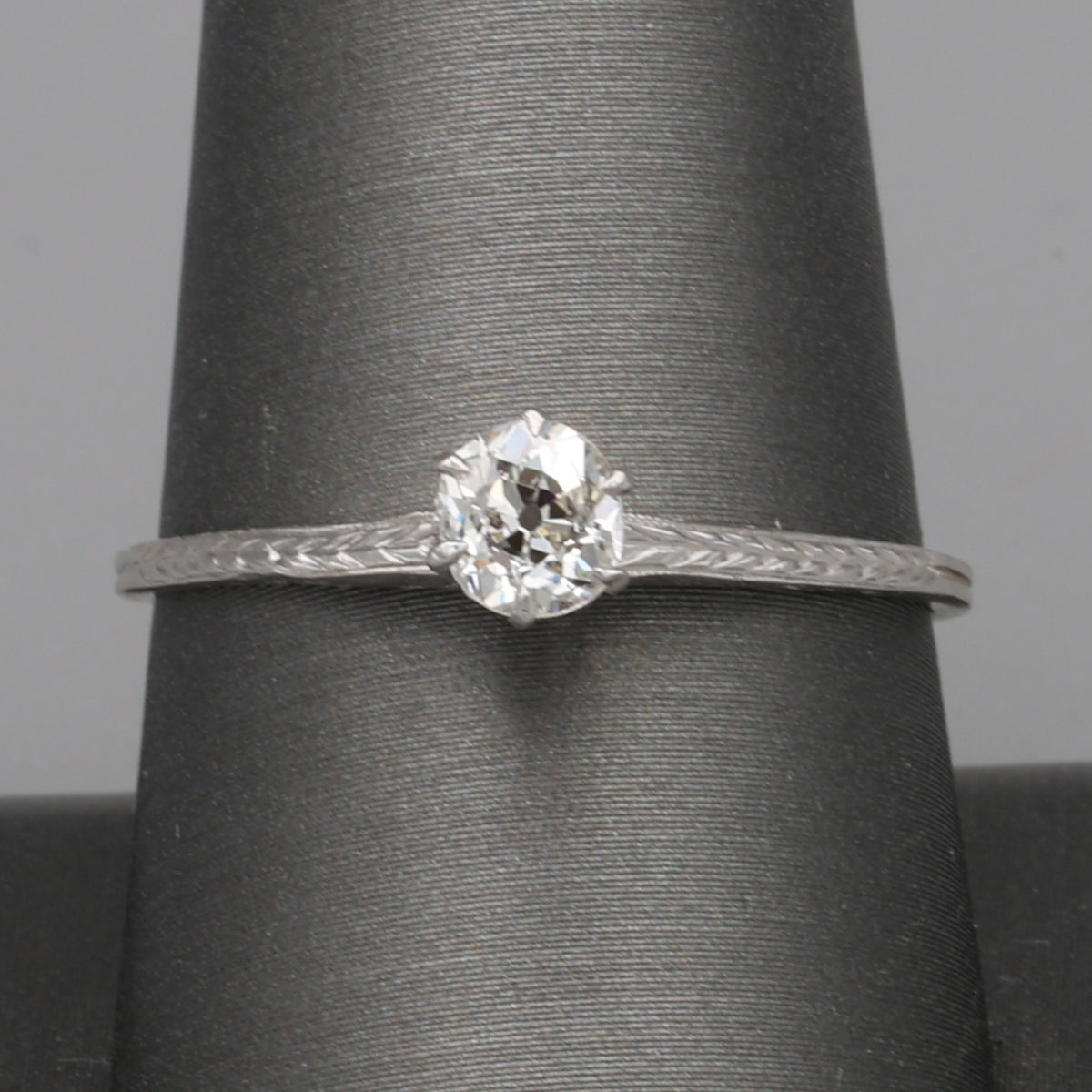 Art Deco Old Mine Cut Solitaire Ring with Engraved Shoulders in 14k White Gold