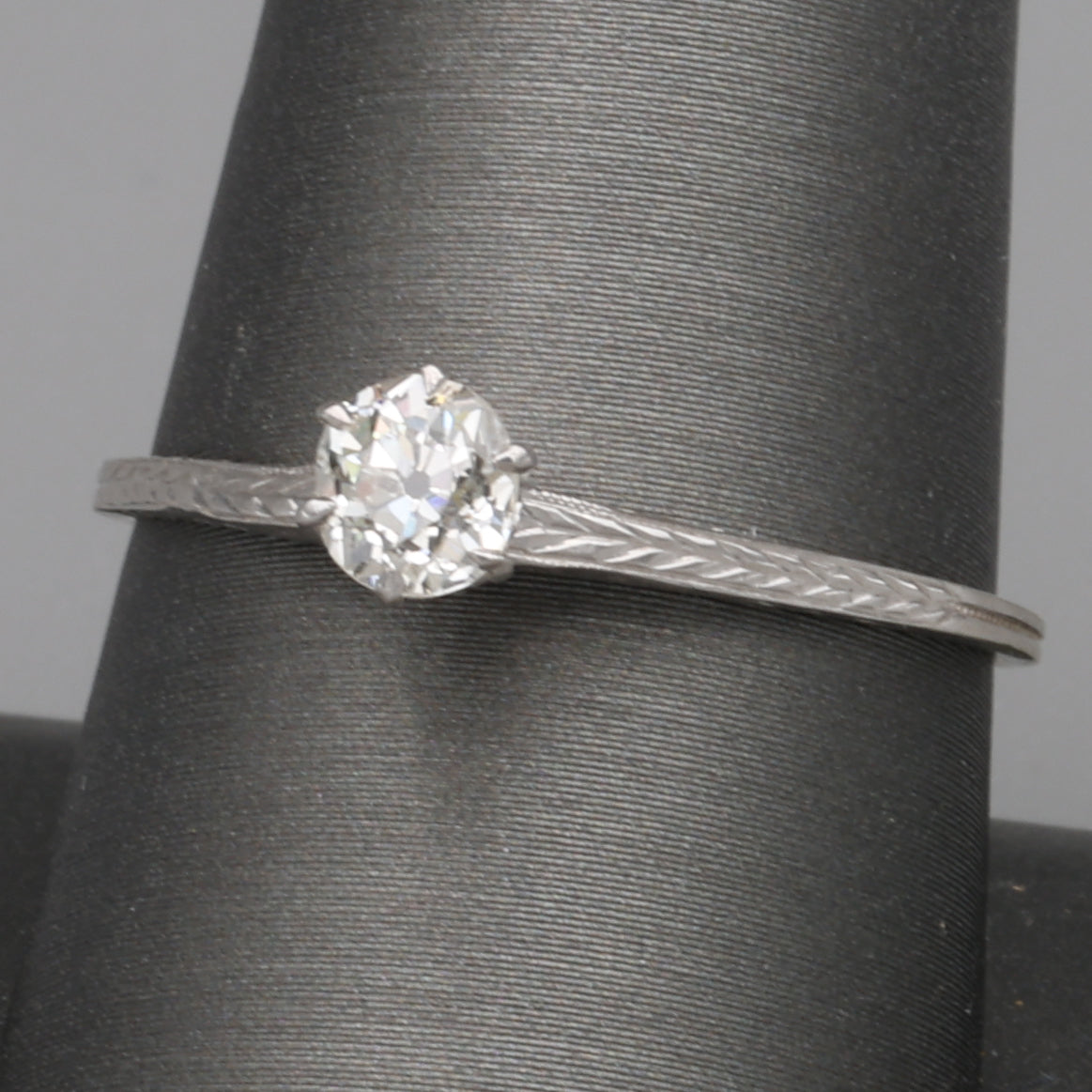 Art Deco Old Mine Cut Solitaire Ring with Engraved Shoulders in 14k White Gold