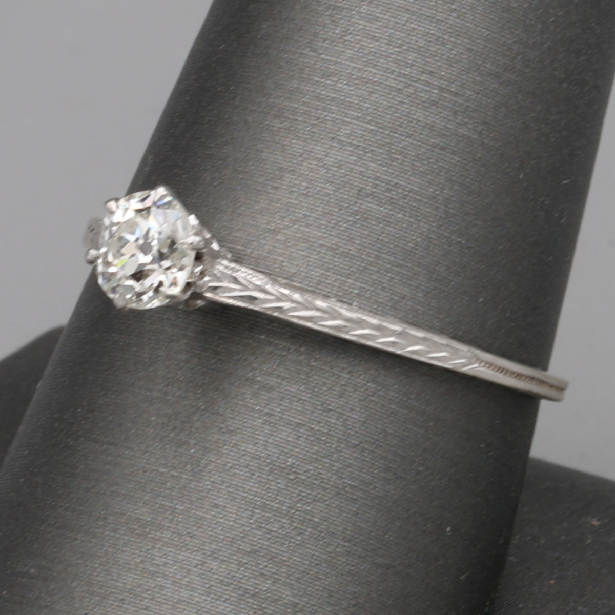 Art Deco Old Mine Cut Solitaire Ring with Engraved Shoulders in 14k White Gold