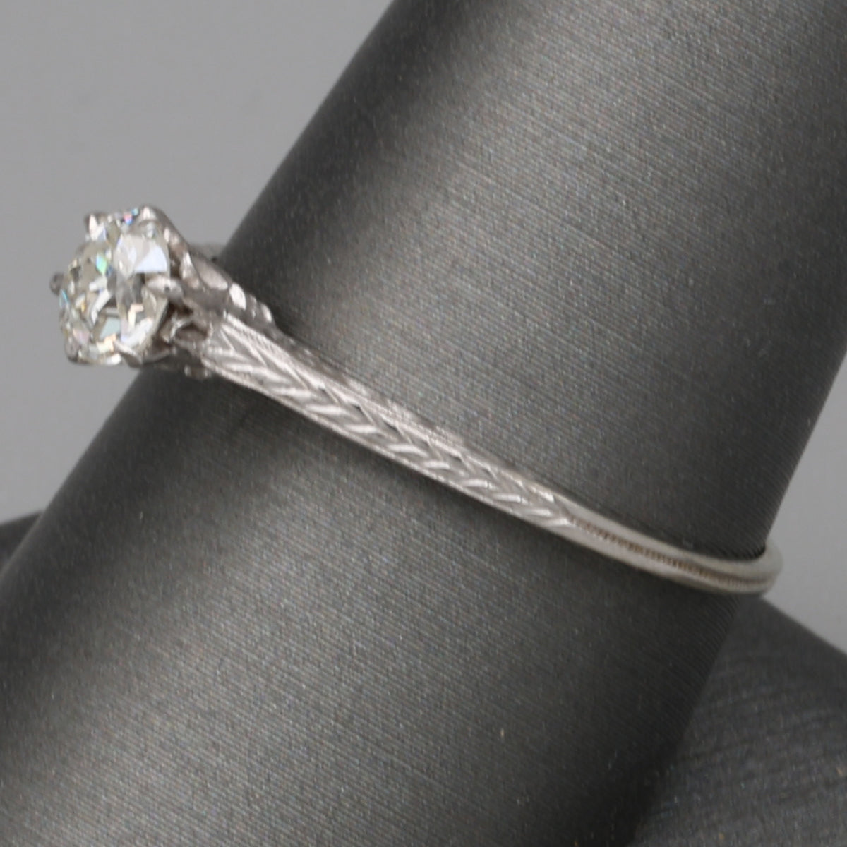 Art Deco Old Mine Cut Solitaire Ring with Engraved Shoulders in 14k White Gold