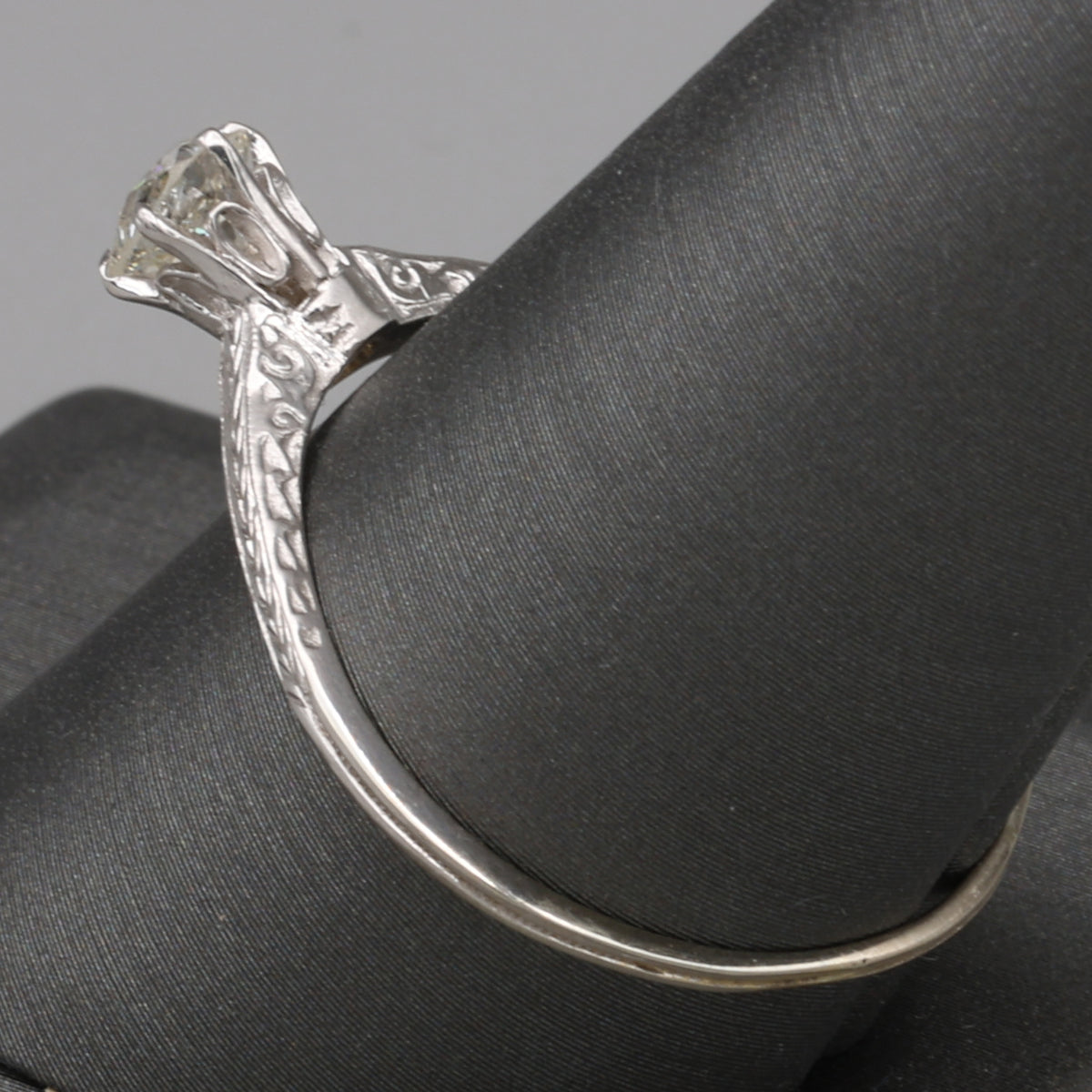Art Deco Old Mine Cut Solitaire Ring with Engraved Shoulders in 14k White Gold