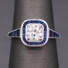 Old European Cut Diamond and Blue Sapphire Halo Ring in 14k White Gold