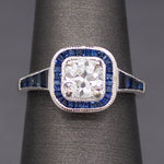 Old European Cut Diamond and Blue Sapphire Halo Ring in 14k White Gold